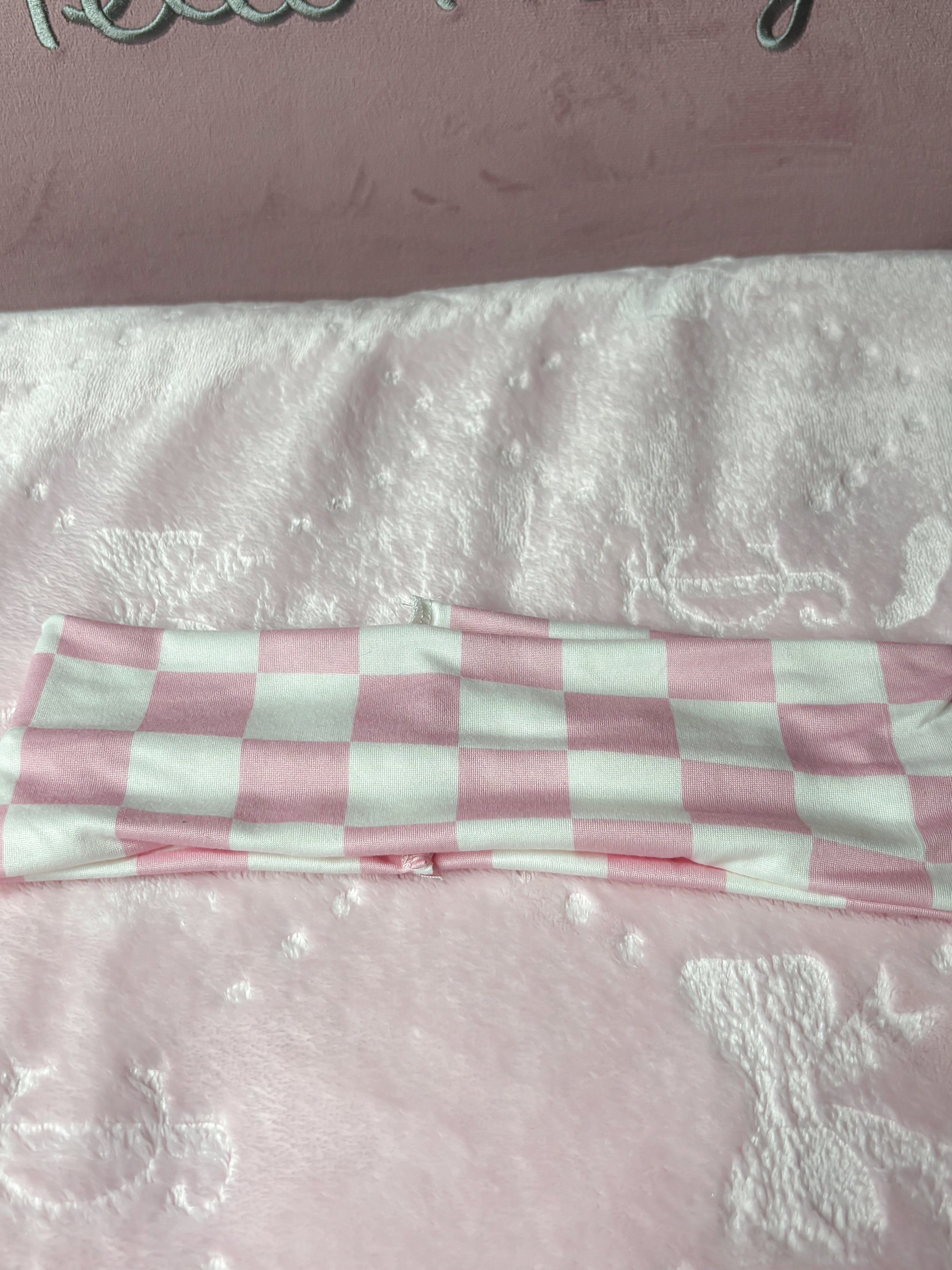 Pink and white checker print soft headband
