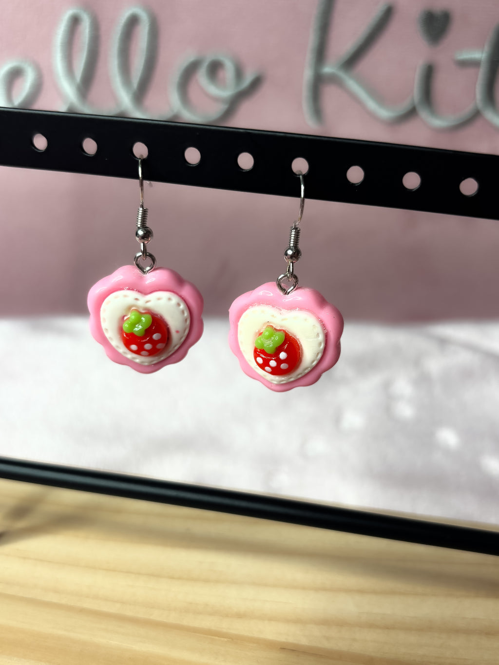Pink and White Heart Strawberry Earrings