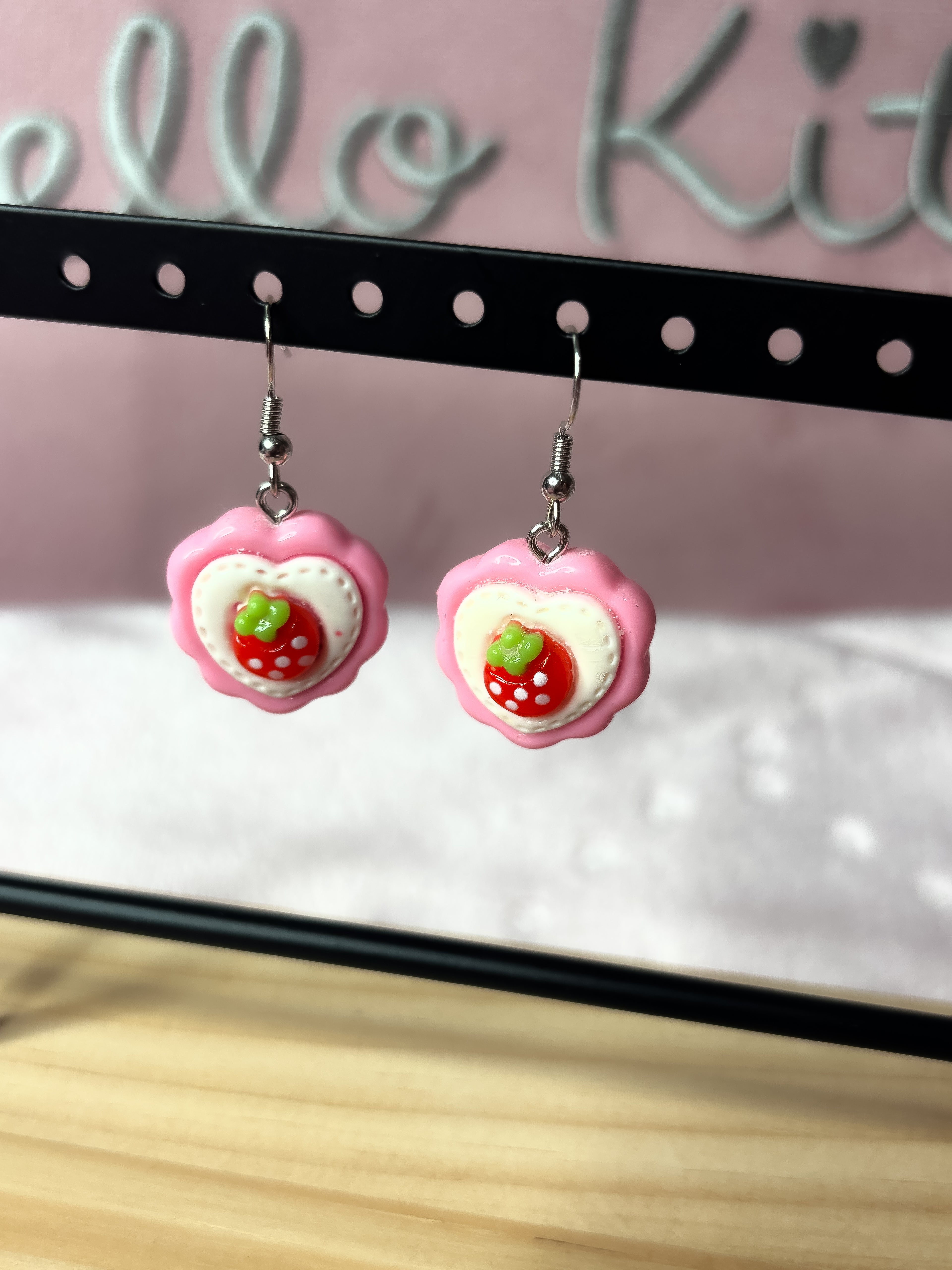 Pink and White Heart Strawberry Earrings