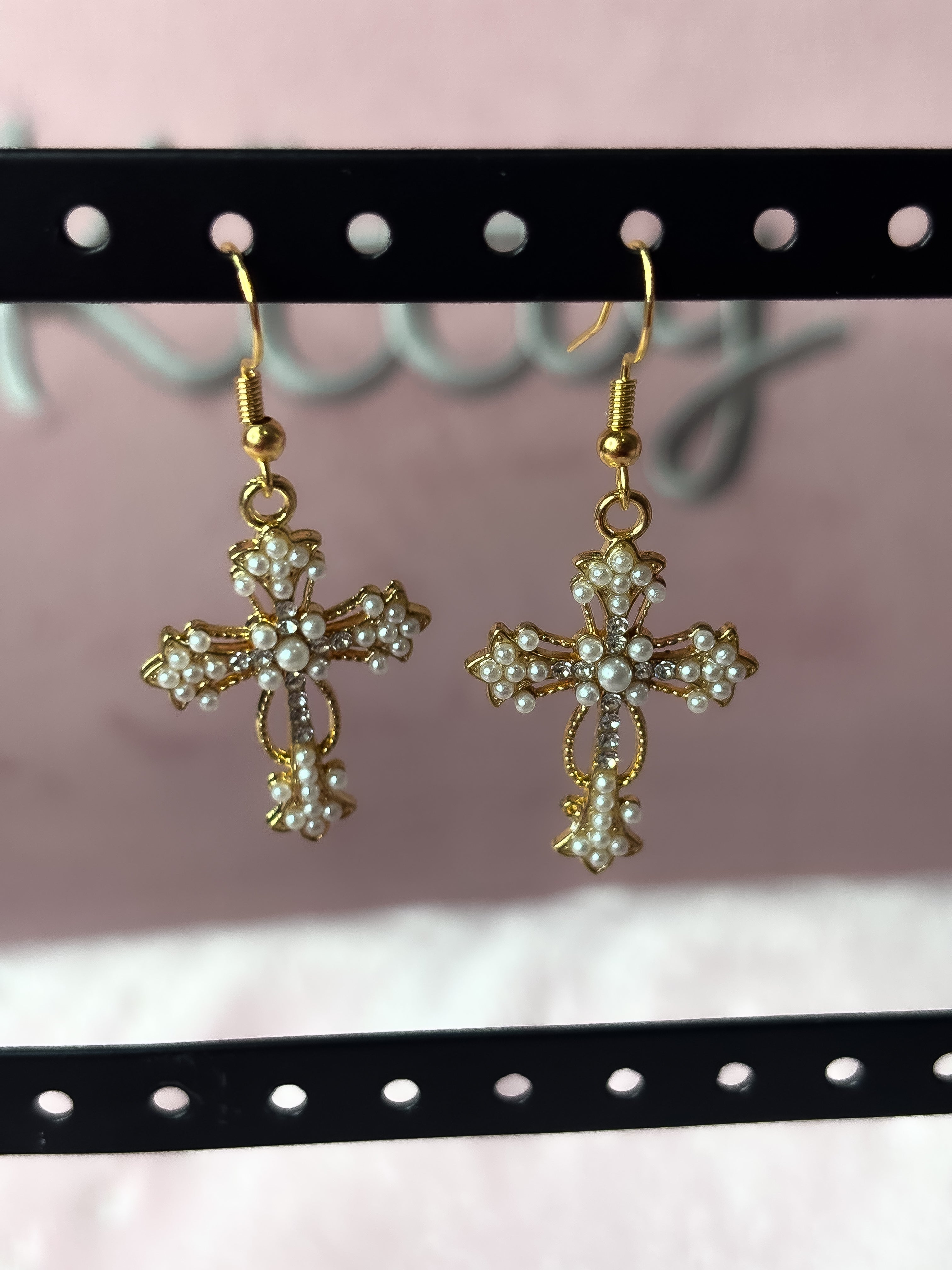 Cross pearl gold earrings