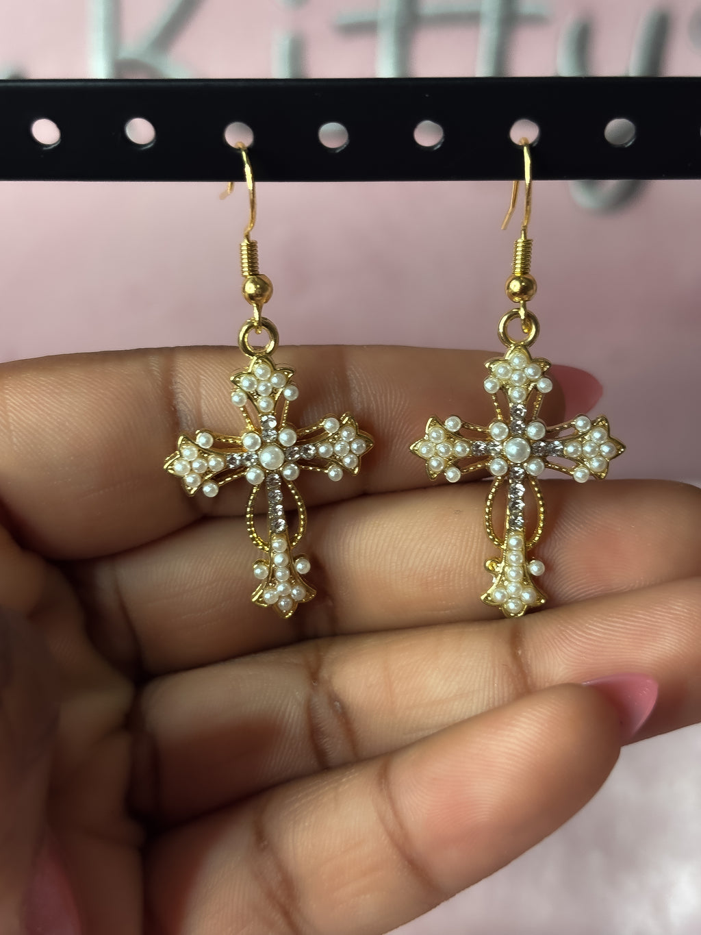 Cross pearl gold earrings