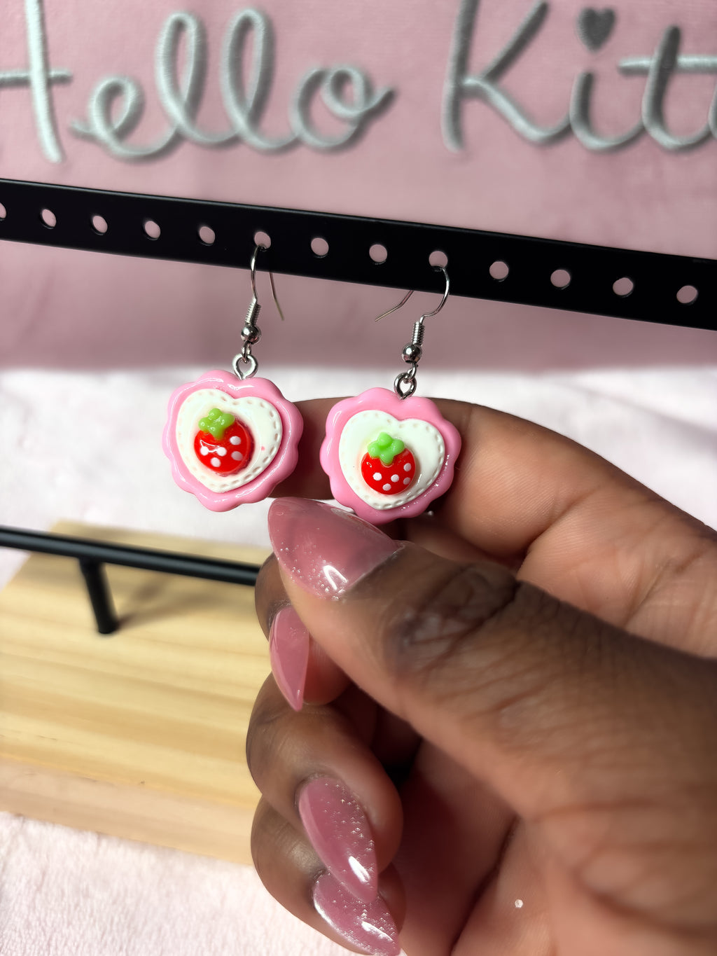 Pink and White Heart Strawberry Earrings