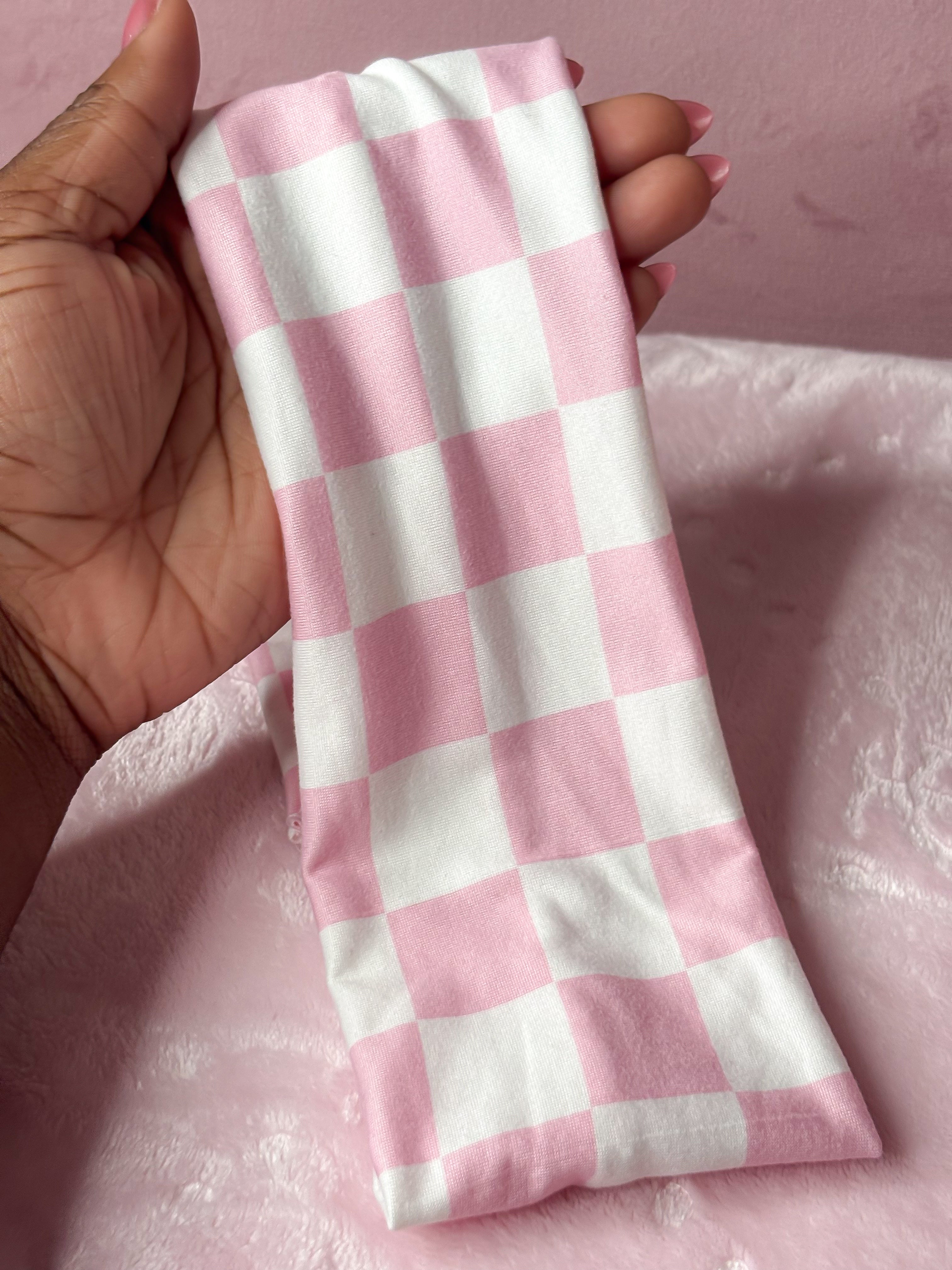 Pink and white checker print soft headband